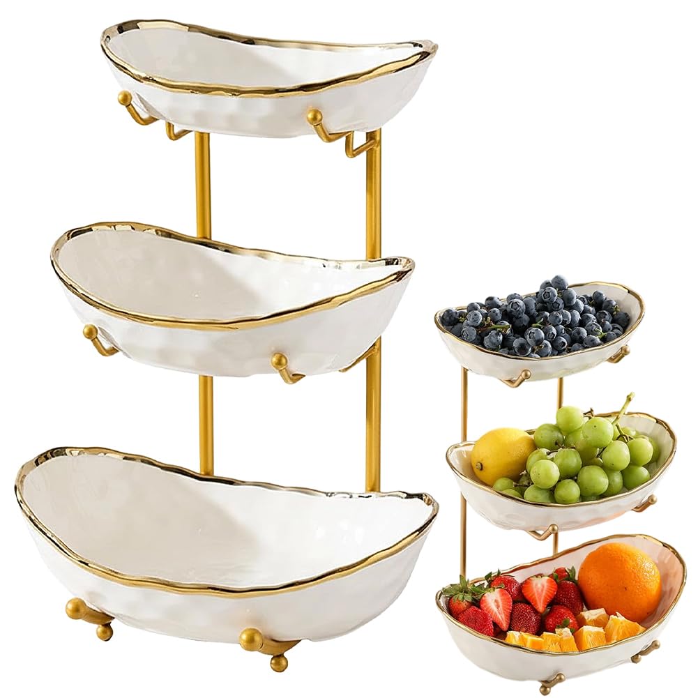 ciotola per frutta in ceramica a 3 strati con supporto in metallo, ciotola per frutta a più livelli, elegante vassoio per servire frutta, verdura e snack, ciotola decorativa per cucina e