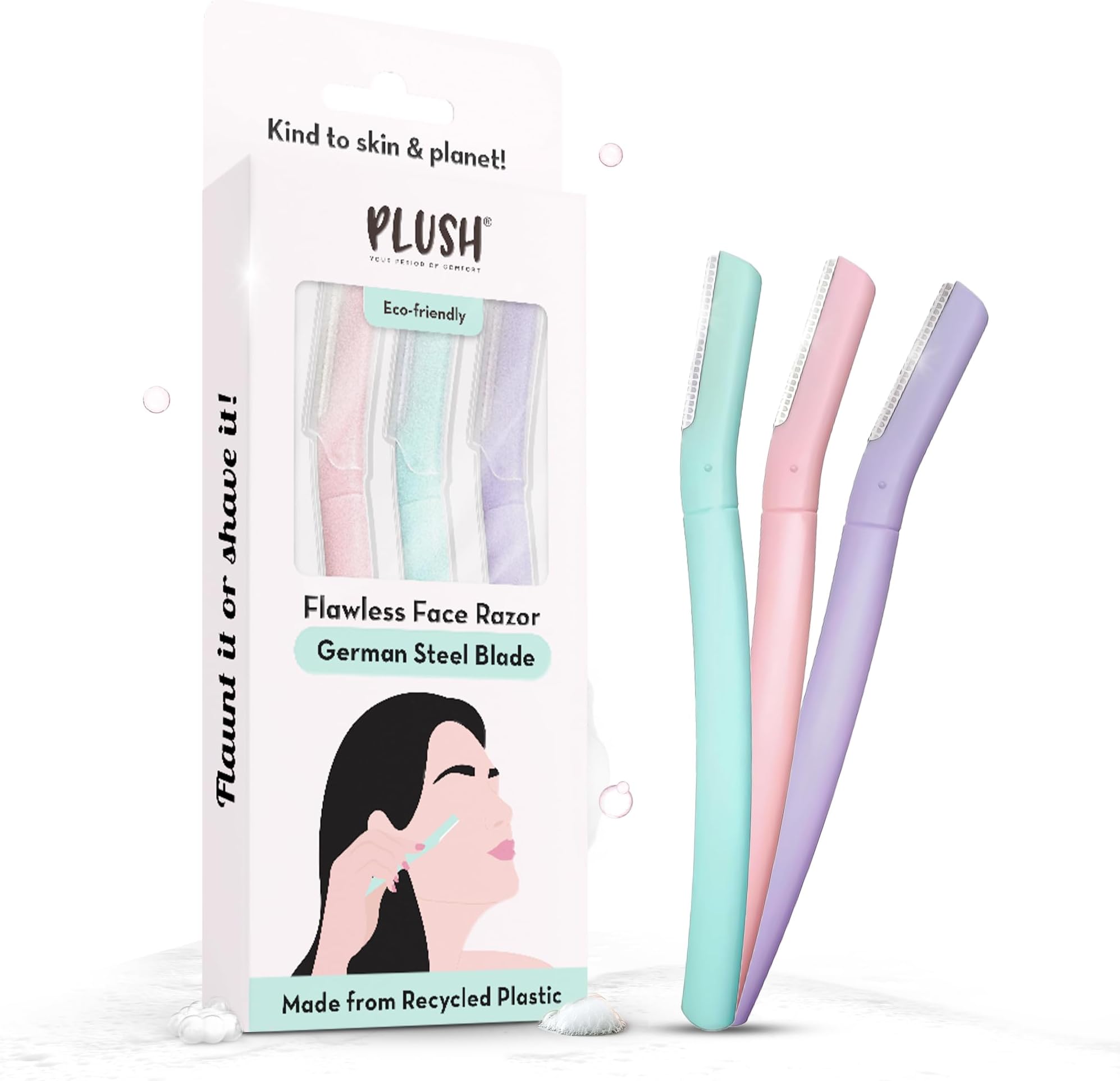 Plush Flawless Reusable Face Razor for Woman (Pack of 3) | Eyebrow & Facial razor with Single German Steel Blade | Instant & Painless Hair Removal for Upper Lips, Forehead, Sideburns | Prevents Razor