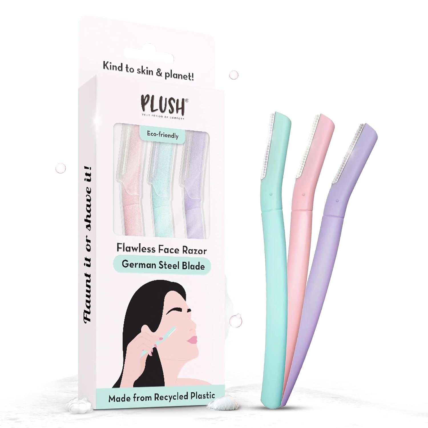 Plush Flawless Reusable Face Razor for Woman (Pack of 3) | Eyebrow & Facial razor with Single German Steel Blade | Instant & Painless Hair Removal for Upper Lips, Forehead, Sideburns | Prevents Razor Burns
