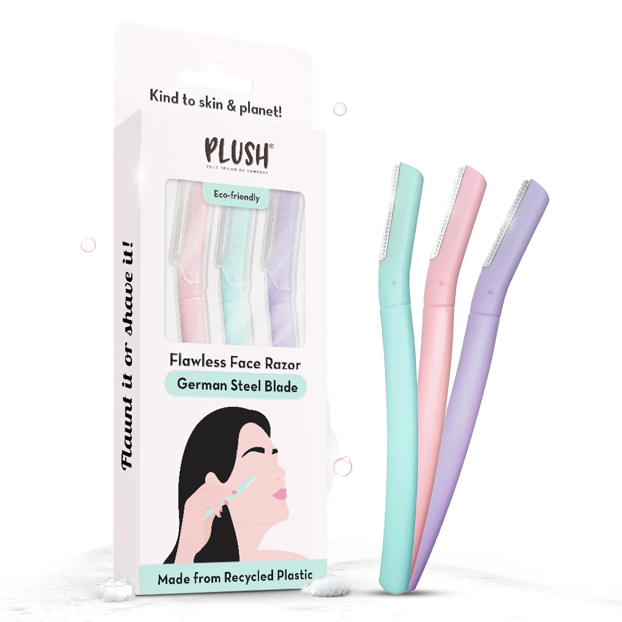 Plush Flawless Reusable Face Razor for Woman (Pack of 3) | Eyebrow & Facial razor with Single German Steel Blade | Instant & Painless Hair Removal for Upper Lips, Forehead, Sideburns | Prevents Razor