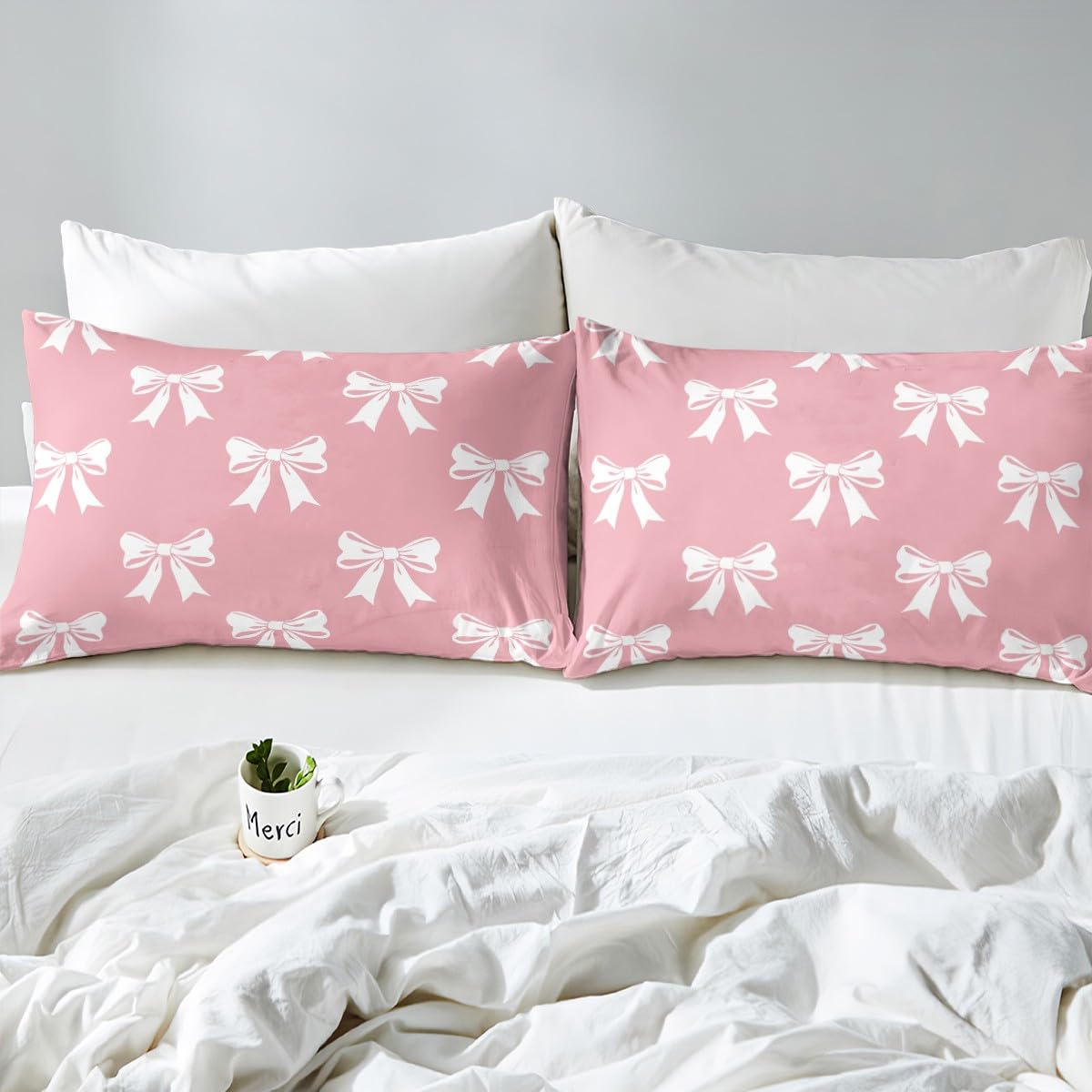Homemissing White Bowknot Duvet Cover Set Single Size For Kids Girls Teens Bedroom Cute Bow Pink Bedding Set Bow Ribbon Comforter Cover with 1 Pillowcase - Image 4