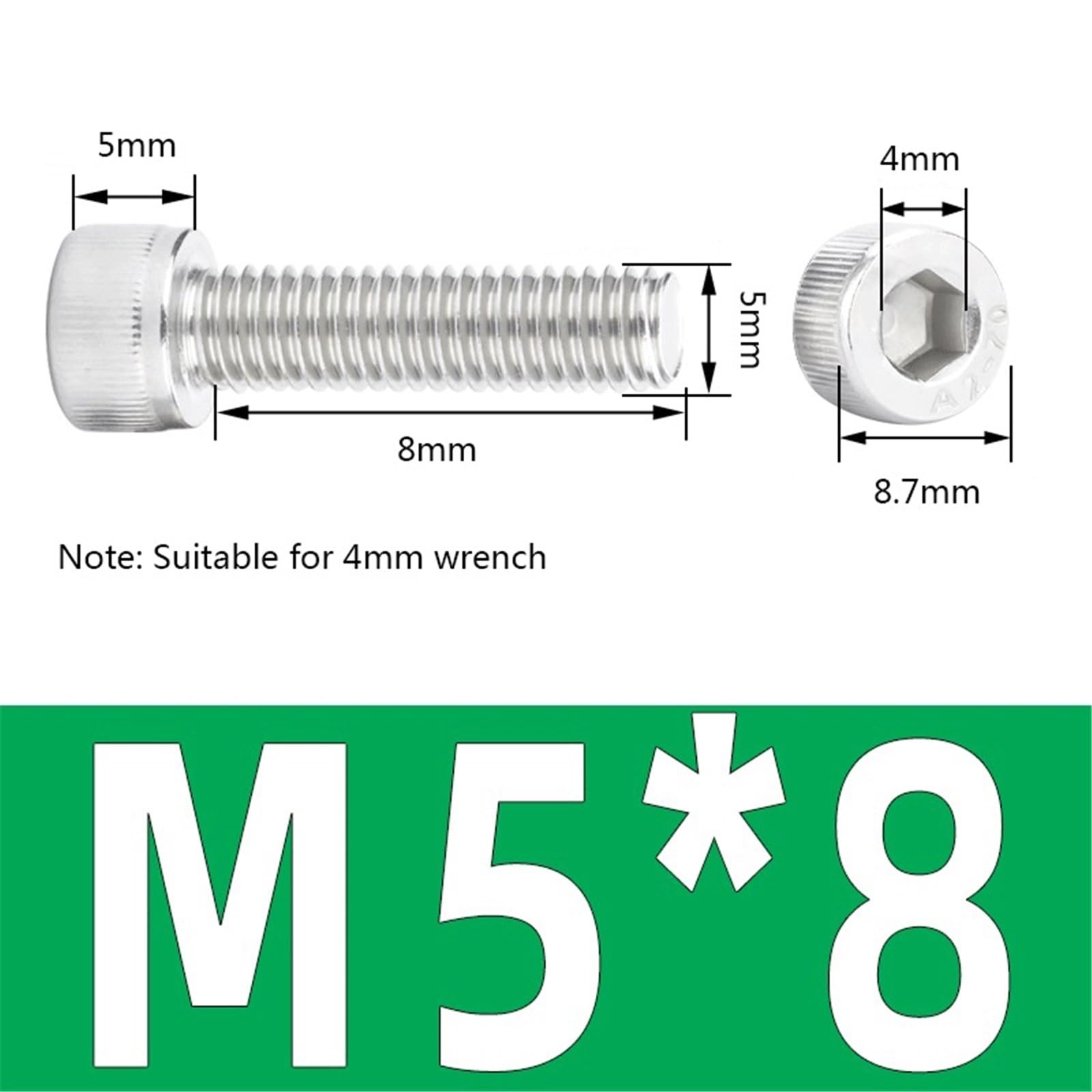 Śruba 50 szt. Śruby z łbem sześciokątnym ze stali nierdzewnej M5 304, w pełni gwintowane, kształt długości 6 mm - 22 mm (M5 x 8 mm)