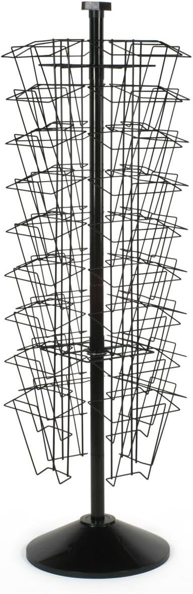 Displays2go 59 Inch Black Wire Tiered Rotating Magazine Stand with 36 Compartments, Floor Standing, Includes Sign Holder - Perfect for Lobbies, Offices, Retail Stores - Black (WSFM936PB)