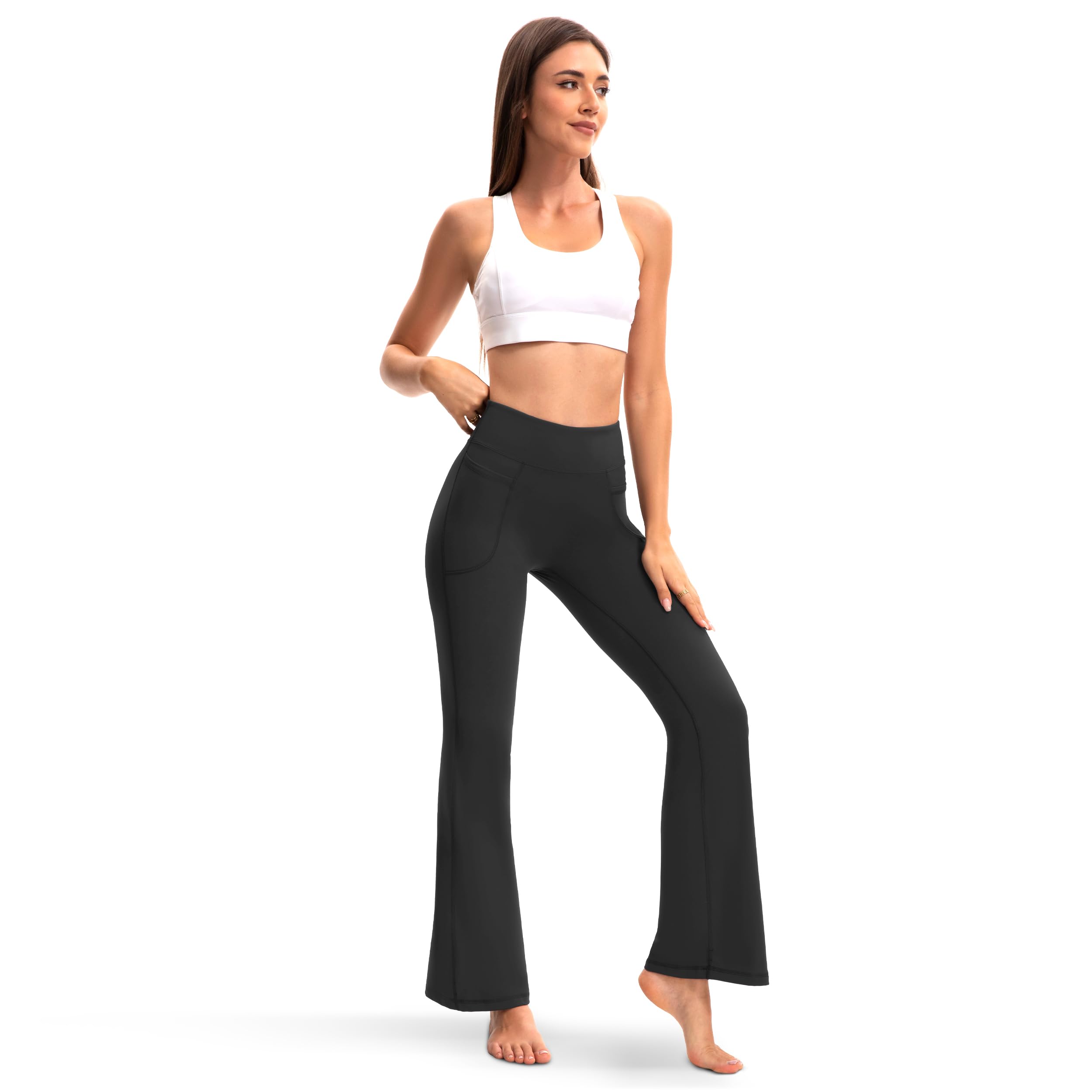 Legging évasé push-up pour femme, pantalon de yoga, pantalon de jogging, taille haute, coupe bootcut, pantalon de sport, legging d'entraînement avec poches