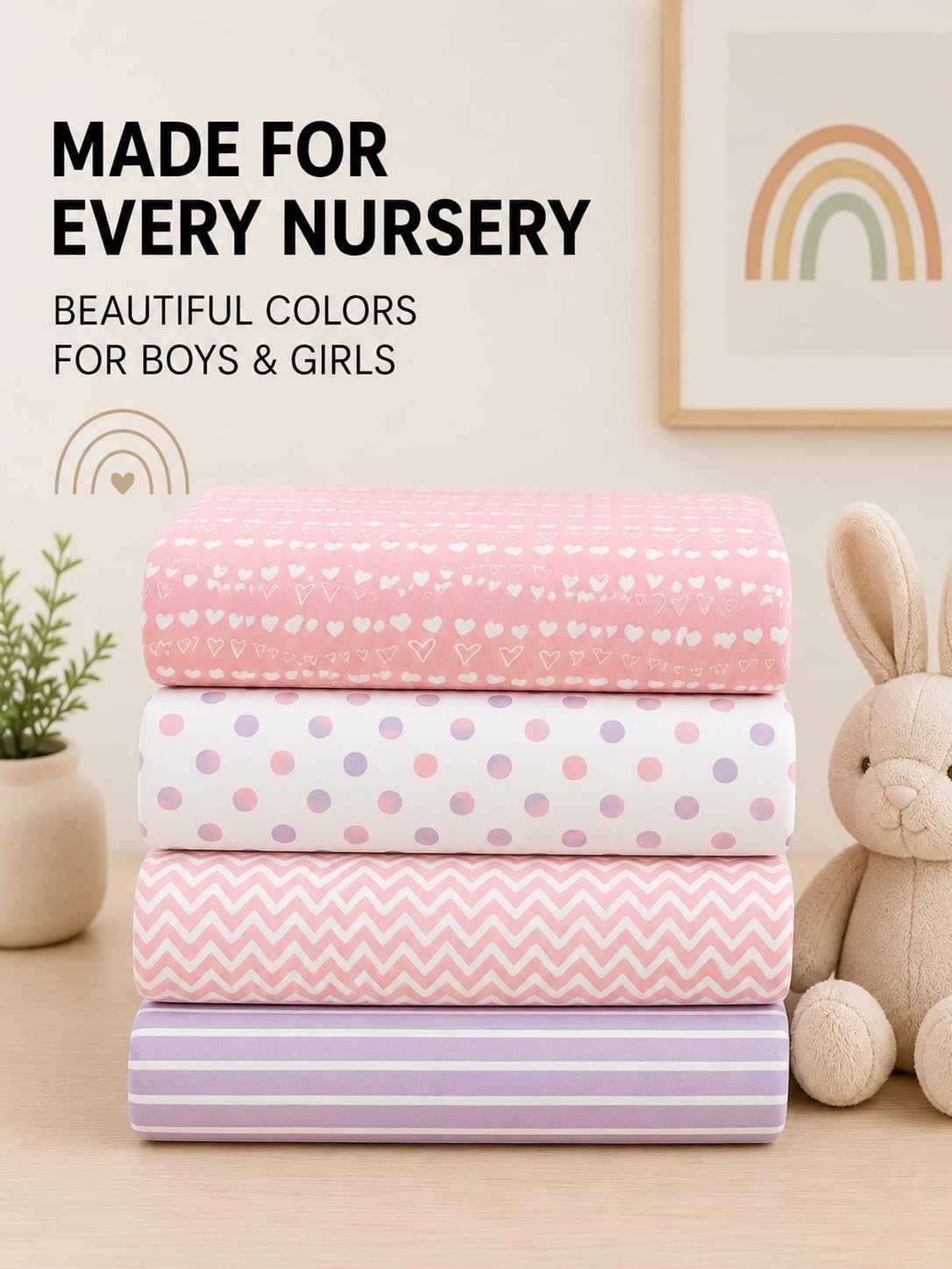 Cotton Fitted Bassinet Sheets, Universal Fit 33 x 17, Pink-Purple-White, 4 Pack