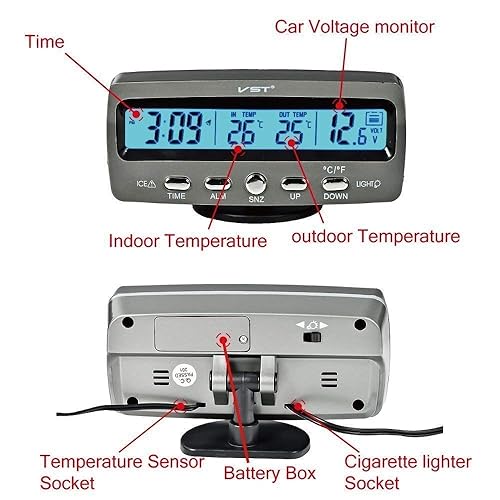 Miniatura 2 de 1 unids 12 V coche termómetro digital pantalla LCD función múltiple impermeable coche digital con reloj voltímetro termómetro calendario función