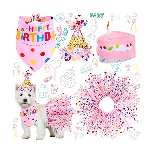 4 pieces girl dog birthday outfit dog 1st birthday girl bandana with hat and dress girl set, puppy birthday party supplies, cute pink tutu skirt outfit for small medium dogs