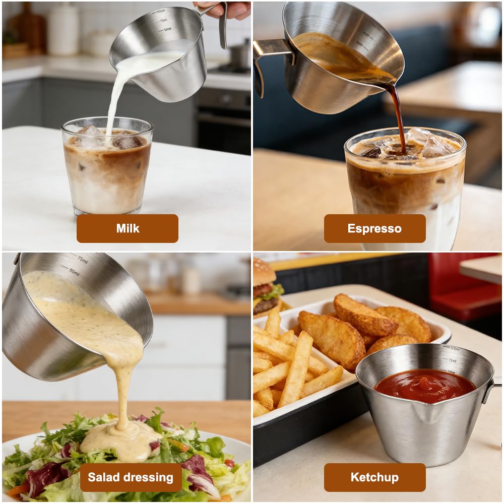 2-częściowy kubek z miarką do espresso z uchwytem, 100 ml kubek z miarką do espresso ze stali nierdzewnej, z ustami w kształcie litery V i skalą, akcesoria do kawy, do kawy, mleka, śmietany