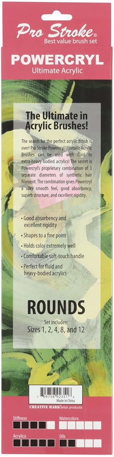 Creative Mark Pro-Stroke Powercryl Acrylic Paint Brushes - Rounds Value Set of 5, Synthetic Paint Brushes for Artists, Seamless Nickel-Plated Ferrules, Matte Black Wooden Handle, Soft-Touch Grip