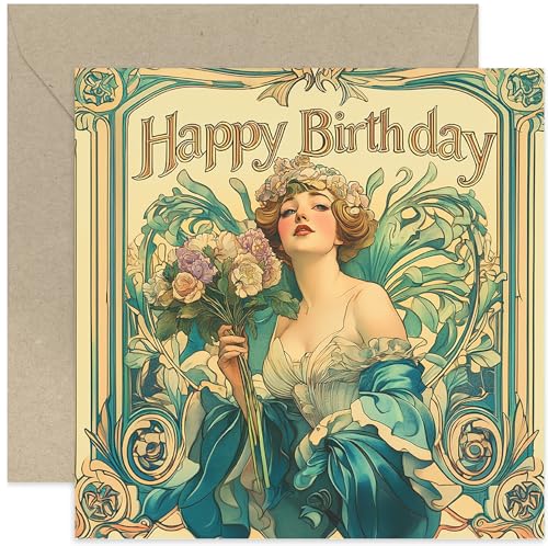 Traditional Happy Birthday Card for Female Friend, Vintage Poster Style Bday Gift for Women, Art Nouveau Floral Design, For Mum Wife Sister Colleague Aunt - Blank Inside with Envelope