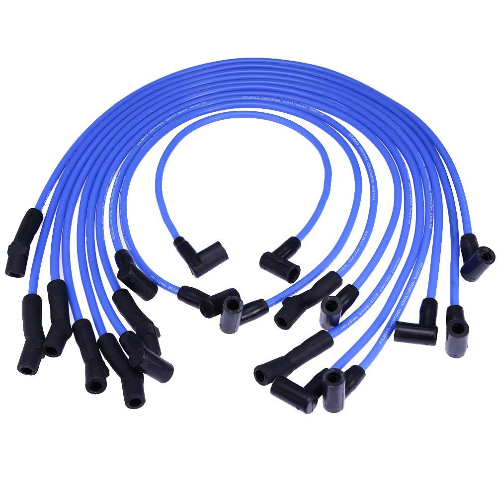 Unifizz Jeu de câbles de bougie d'allumage bleus de course 9 mm, fils d'allumage de rechange pour moteurs for Ford Mustang, F-150, 5,0 L et 5,8 L V8, SBF 302 Windsor