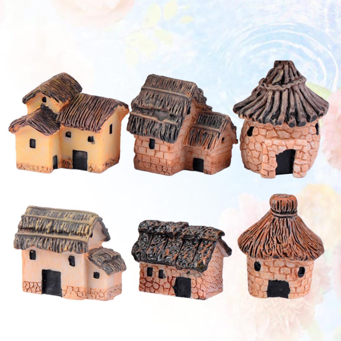 6pcs Resin Miniature Thatched House for Micro Garden, Waterproof Decor