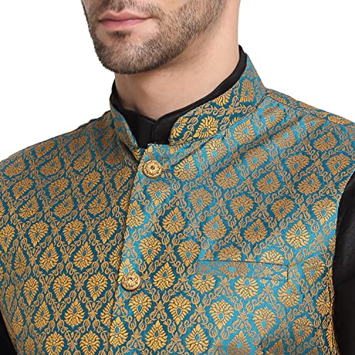 Image of KRAFT INDIA Mens Gold Silk Blend Kurta and Churidar Set With Jacquard Paisley Nehru Jacket