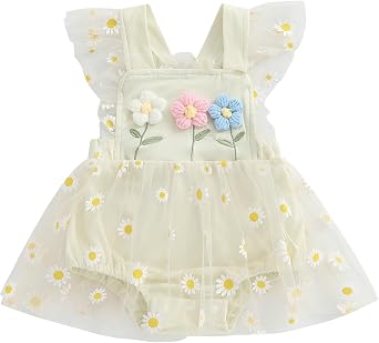 Infant Baby Girl Summer Romper Dress Sleeveless Flower Patchwork Bodysuit Tulle Skirt Outfit Set