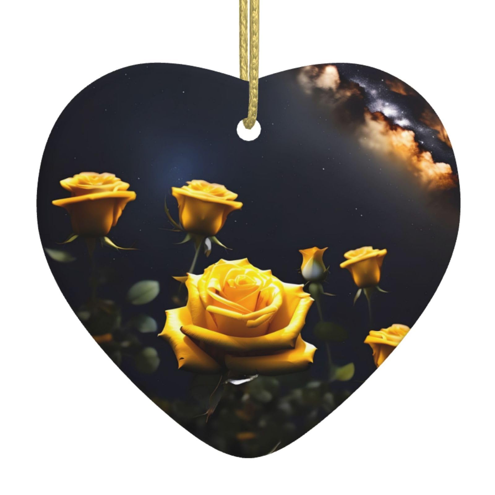 Beautiful Yellow Roses Ceramic Christmas Heart Pendant with Silk Thread, Christmas Tree Home Decoration