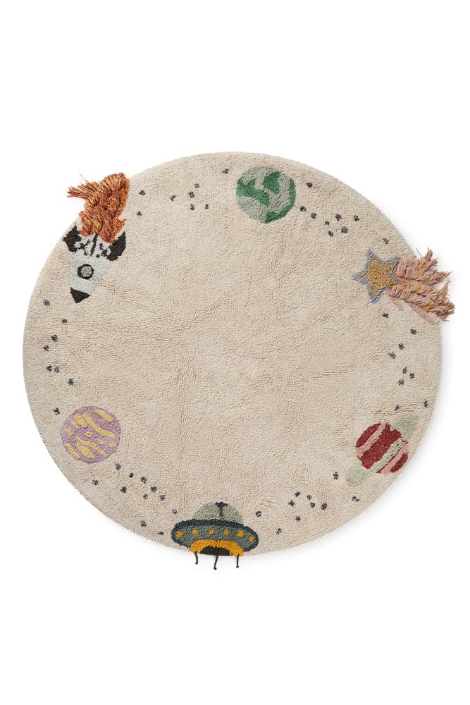 Lorena Canals Alfombra Infantil Lavable de algodón Viaje Interestelar 140 Ø cm, Beige - Alfombra Algodon Lavable - Alfombras Infantiles habitacion - Alfombras Redondas - Alfombra Bebe Beige