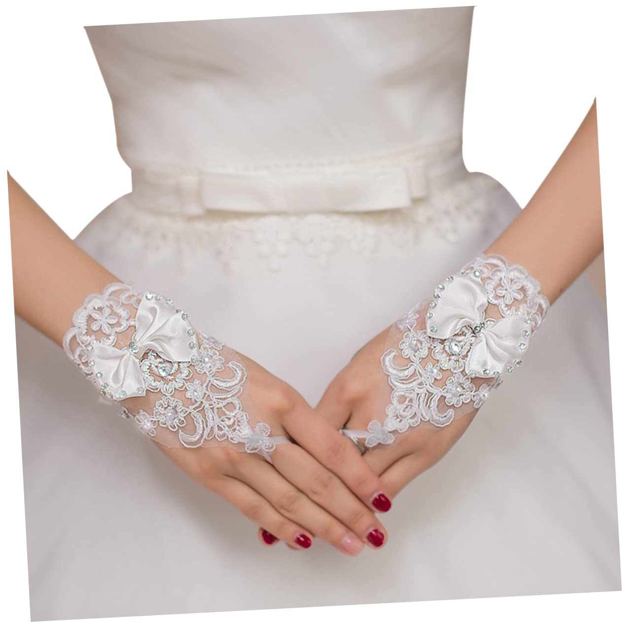 Abaodam 1 Pair Womens Glives Fingerless Mittens Lace Bridal Gloves Wedding Bride Gloves White Wedding Gloves Lace Gloves Wedding Bridal Gloves Dress Gloves Bow Tie Miss Flowers White