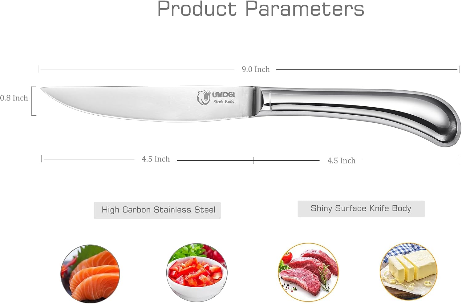Steak Knives Set of 6 - Premium Stainless Steel, Dishwasher Safe - Polished Shiny Blade & Handle, Straight Edge - Kitchen Table Knife Set 4.5 Inch Dinner Knives Non Serrated UMOGI