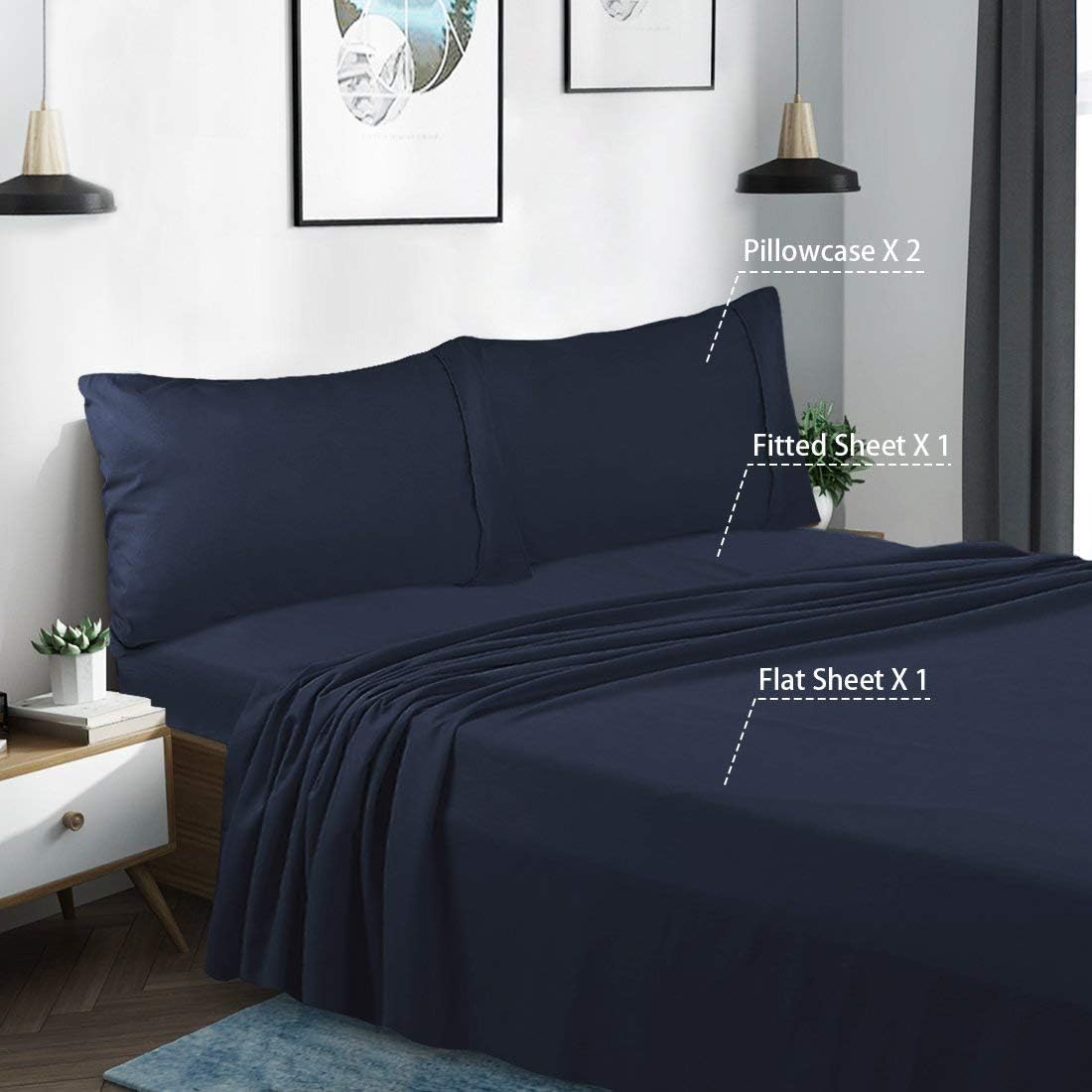 400-Thread-Count Short Queen Cotton-Sheets Set Navy Blue Solid 100% Cotton Sheet Short Queen Size Sheet Set Cotton Short Queen -Sheet Set Deep Pocket fit Mattress Upto 16 inch Sheets Navy Blue Solid