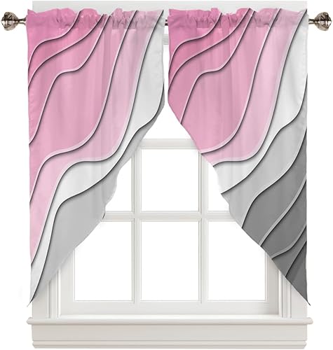 BEMIGO Cenefas con festón para ventanas, color rosa, gris, degradado, con bolsillo para barra, cortinas de ventana de cocina y granja, cortinas de