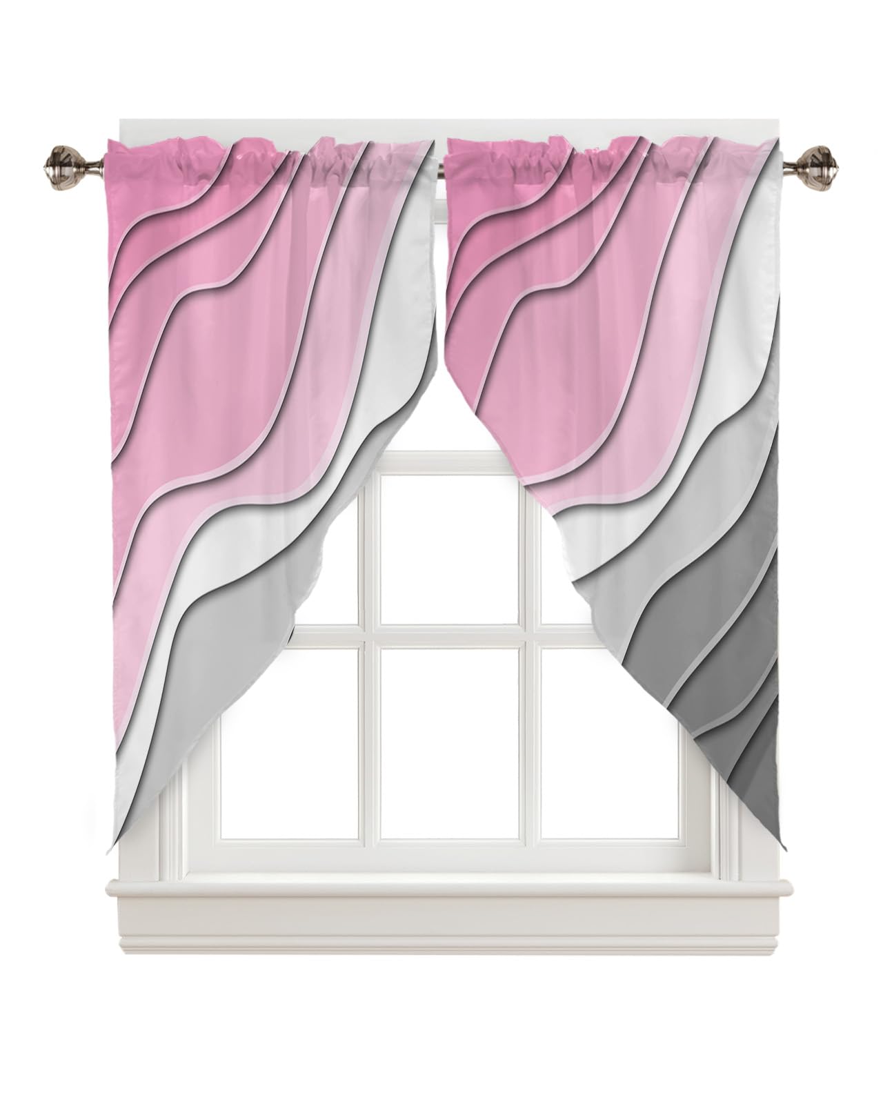 BEMIGO Swag Valances for Windows, Pink Grey Ombre Rod Pocket Kitchen Farmhouse Window Curtains Over Sink, Gradual Color Farmhouse Swag Curtains,2 Panels, 36 Inches Length