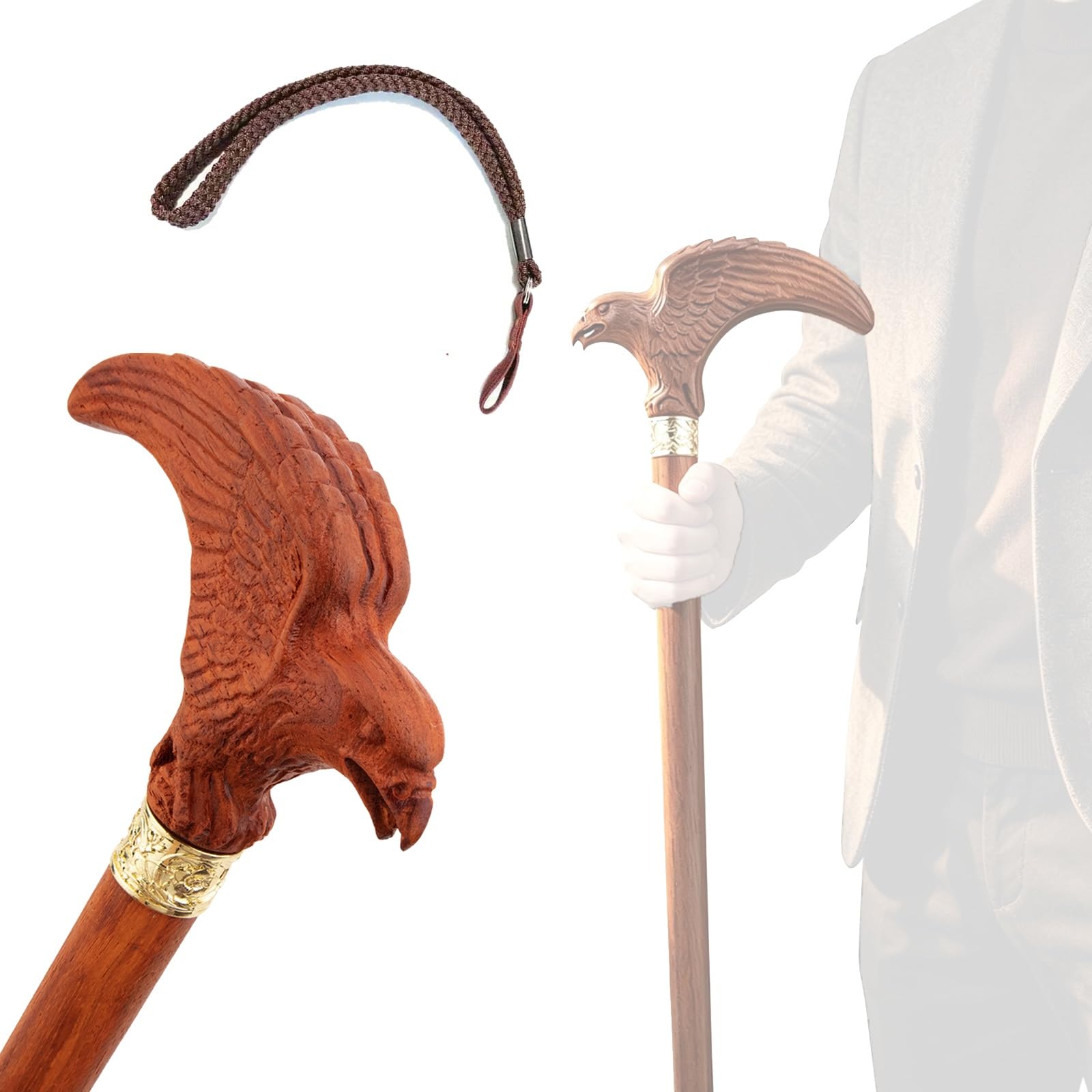 Holzgehstock mit Rotem Adler-Motiv, Länge 89 Cm Ergonomischer Griff und Rutschfester Gummifuß, Abnehmbarer Gehstock für Damen und Herren