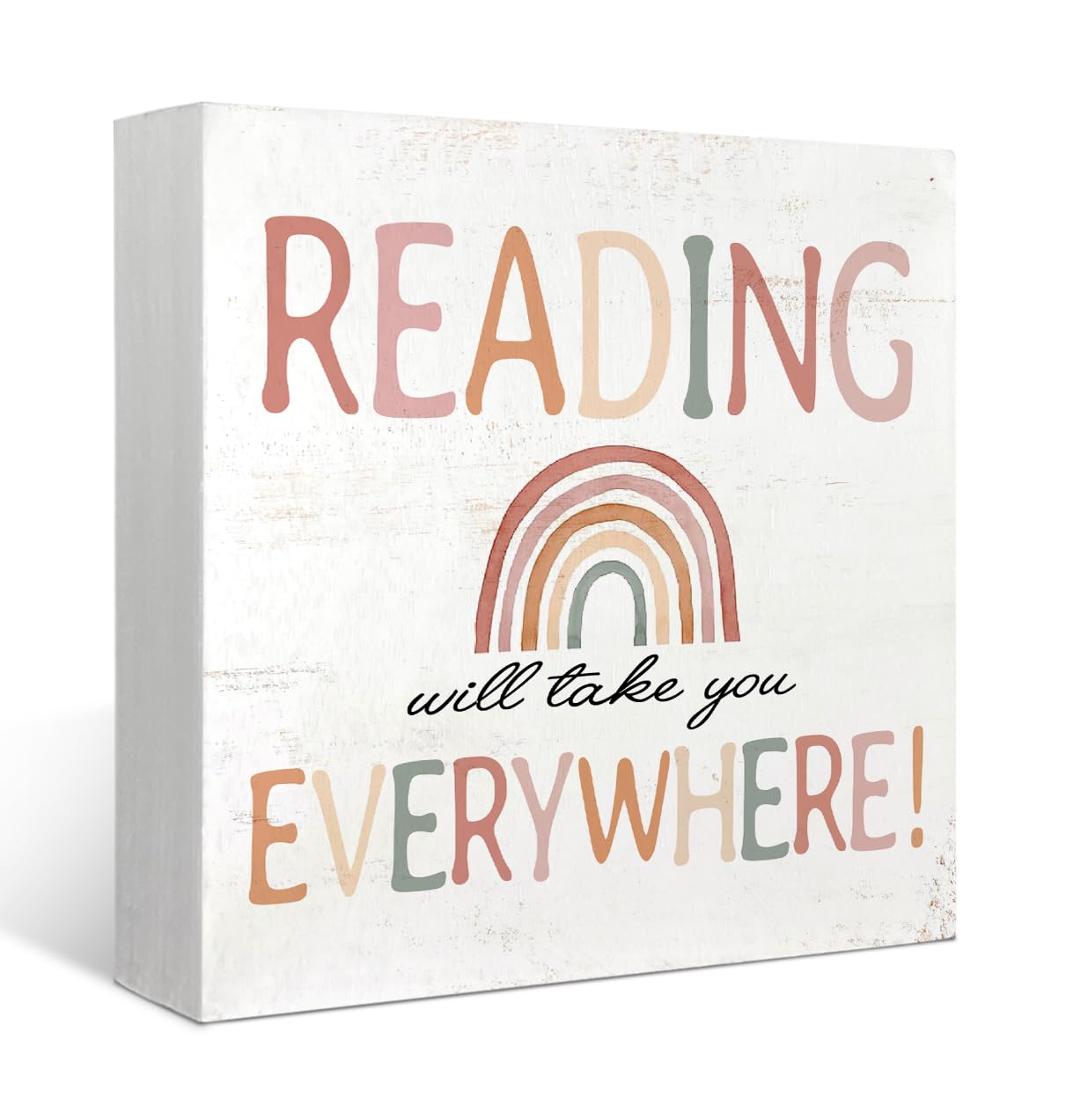 Reading Corner Decor for Classroom Wood Box Sign Desk Decor ，Reading Will Take You Everywhere Wood Box Sign Block Plaque Sign Decoration for Library Nursery Shelf Table Desk Decor 5x5 Inch