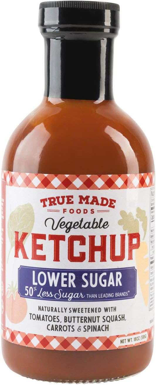 True Made Foods Vegetable Ketchup, Paleo Friendly, Non-GMO, 50% Less Sugar, 18 oz Glass Bottle