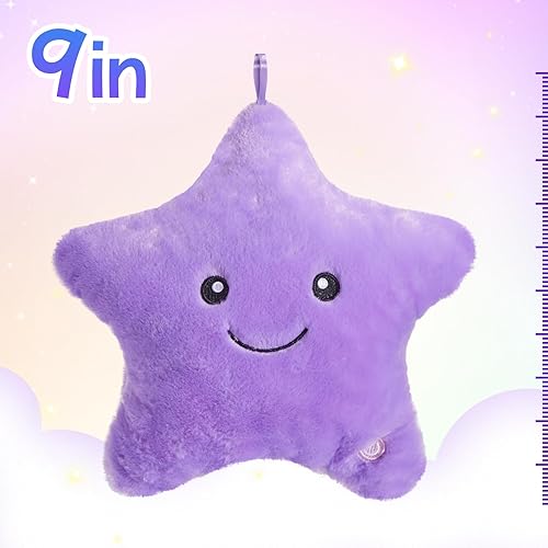 Miniatura 5 de WEWILL Almohada de felpa suave con luces LED centelleantes de 9 pulgadas, con luces nocturnas coloridas, cumpleaños para niños pequeños (morado)