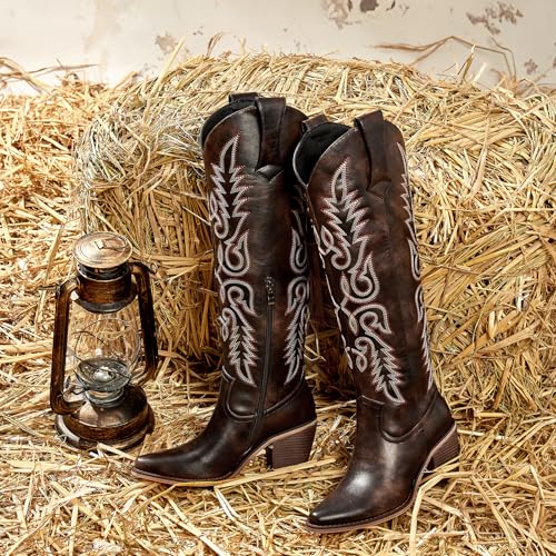 Image of wetkiss Women's Pointed Toe Cowboy Boots | Knee High Cowgirl Boots, Retro Embroidery, Chunky Heel, Pull-On, Style for a Classic Western Look,Stable and Comfortable