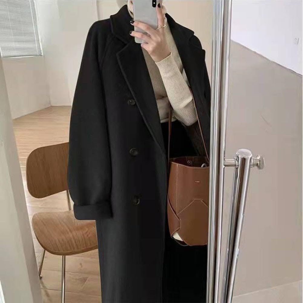 Trench mi-long en laine pour femme avec coupe ample et tissu épais, manteau adapté pour la rue décontractée et les fêtes