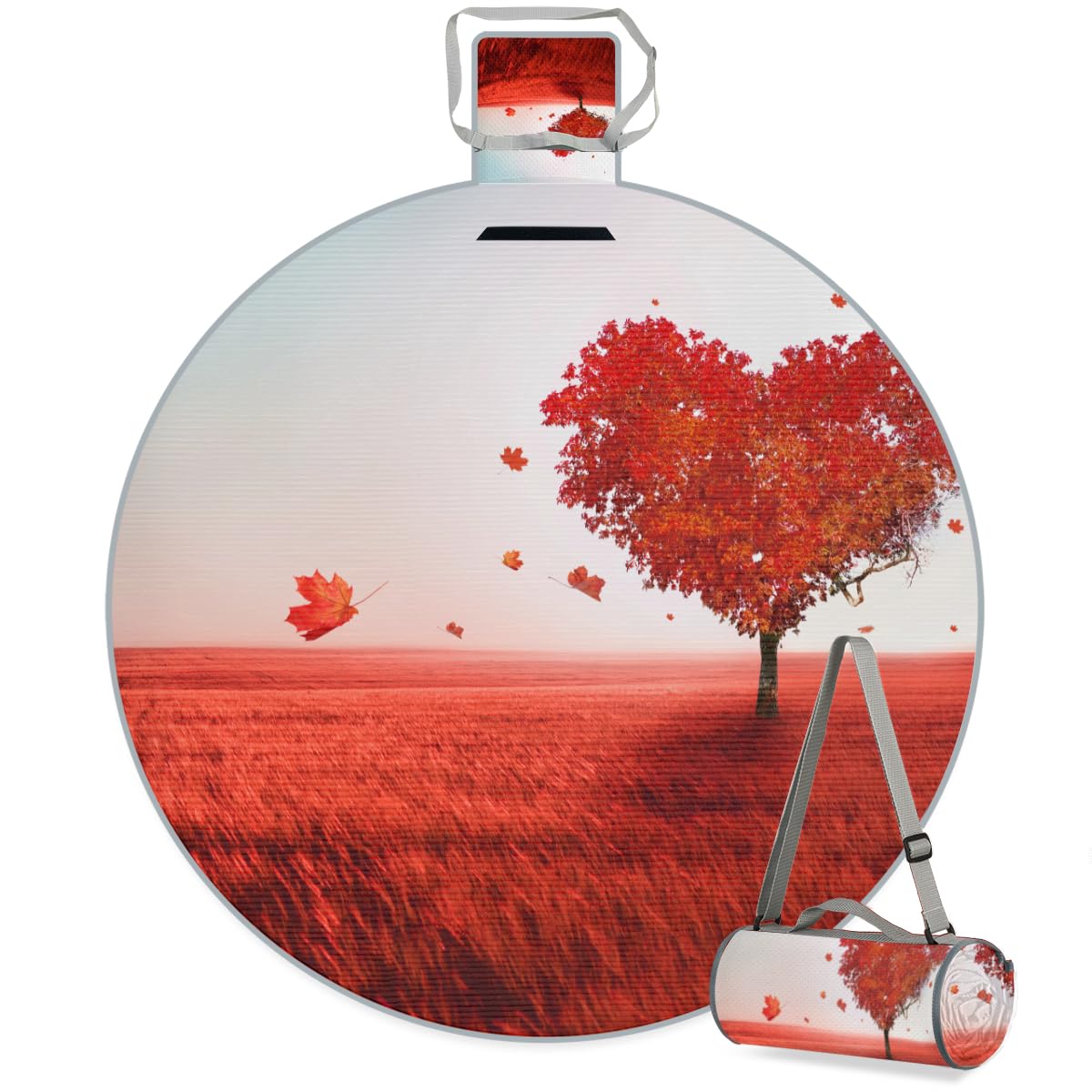 Shimoshe Love Maple Tree Picnic Outdoor Blanket Foldable Waterproof Sandproof Beach Blanket Portable Water-Resistant Round Picnic Mat for Travel Camping Park Lawn