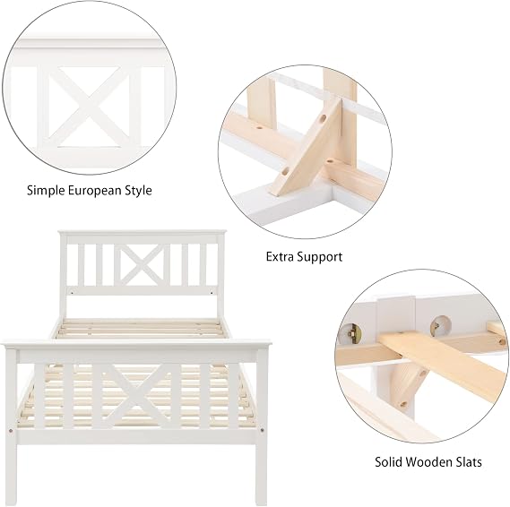 Merax Single Bed Wooden Frame with Storage, White Solid Pine Storage Bed with 2 Drawers, Wood Slat Support, for Adults, Kids, Teenagers, White, 90x190cm