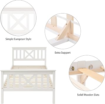Merax Single Bed Wooden Frame with Storage, White Solid Pine Storage Bed with 2 Drawers, Wood Slat Support, for Adults, Kids, Teenagers, White, 90x190cm