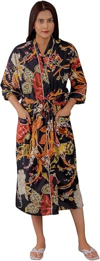 FRAU MANIA Women Cotton Kimono Robe – Lightweight Bathrobe &amp; Loungewear Nightwear for Women, Loose Fit Summer Cover-Up (Bl...