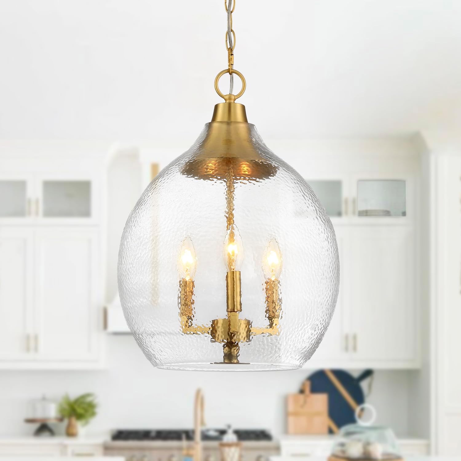 Untrammelife 3-Light Gold Pendant Light 13" Large Globe Pendant Light Fixture with Hand Blown Seeded Glass Shade Single Hanging Chandelier for Kitchen Island Sink