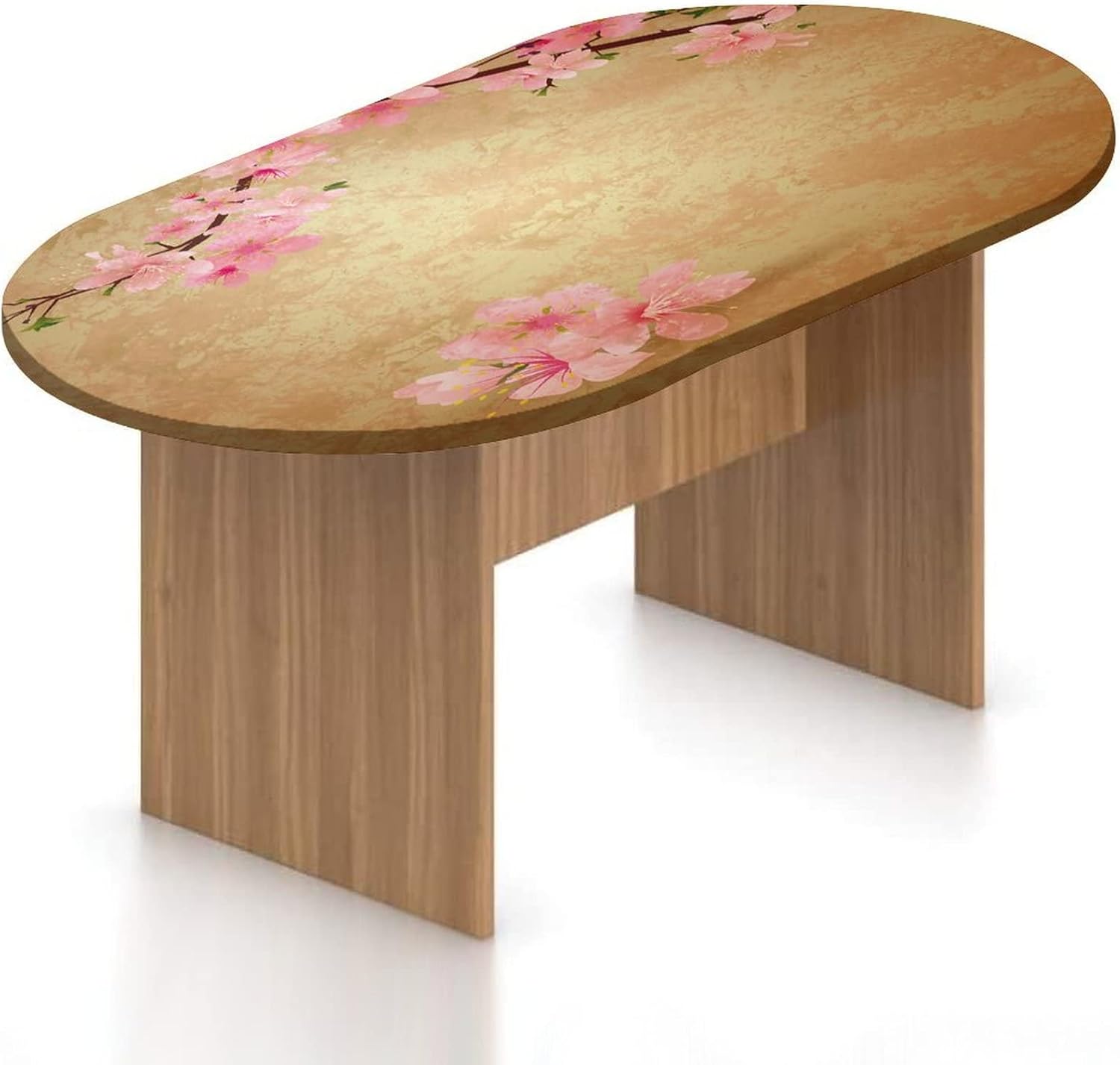 Oval Fitted Tablecloth, Floral Elastic Edged Polyester Table Cover,Sakura Cherry Blossom Tree Print Fitted Table Pad, Fits Oval Tables up to 48" x 72", Kitchen Dining Buffet Tabletop Decoration