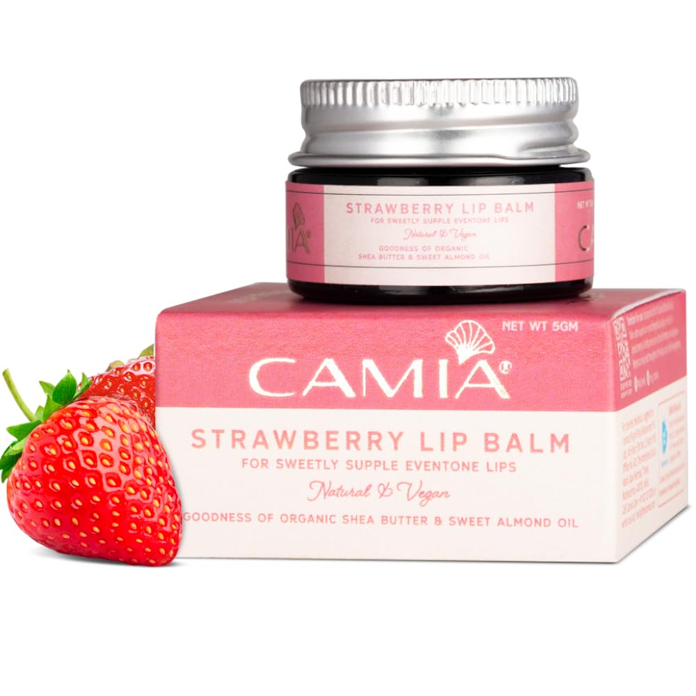 CAMIA – 100% Natural Strawberry Lip Balm for Dry & Chapped Lips |100% Natural & Vegan |Enriched with Almond Oil | Moisturization & Lightning Dark Pigmented Lips| 5 Gm