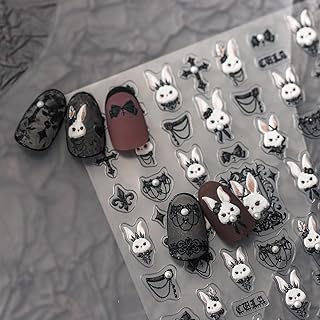 5D Embossed Bunny Nail Stickers Lovely Rabbit Nail Art White Black Nail Decals Cute Stickers for Nails Designs Self Adhesive Nail Art Supplies & Decorations for Women Girls 1 Sheet
