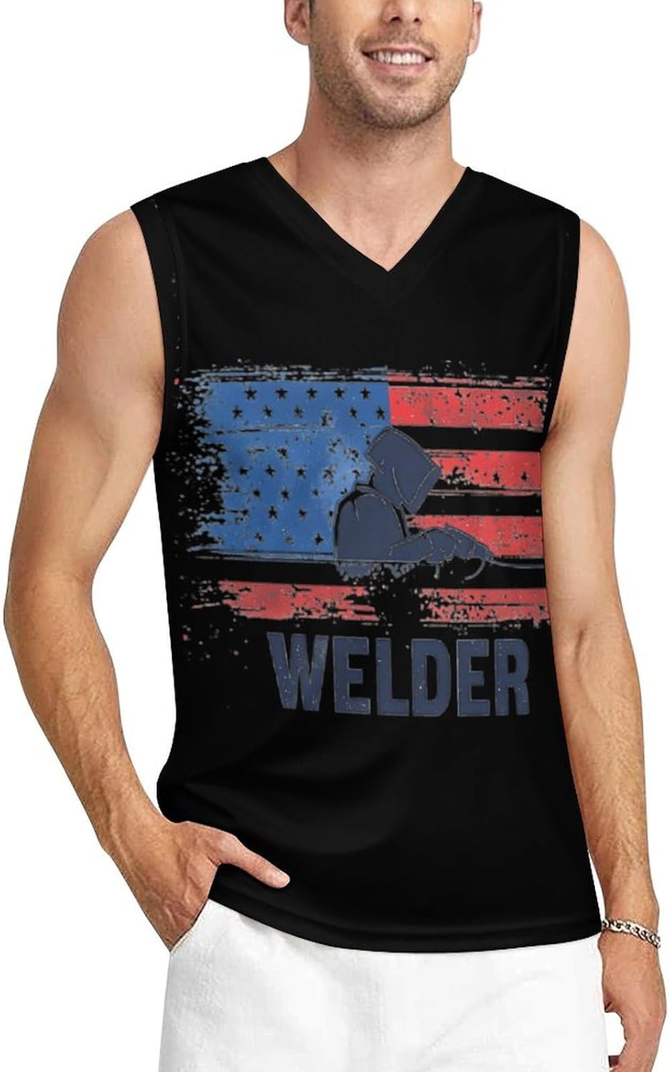 U.S.A. Flag Welder Men's V-Neck Basketball Tank Top Sleeveless Workout Tank Shirts Gym Fitness Tees Vest