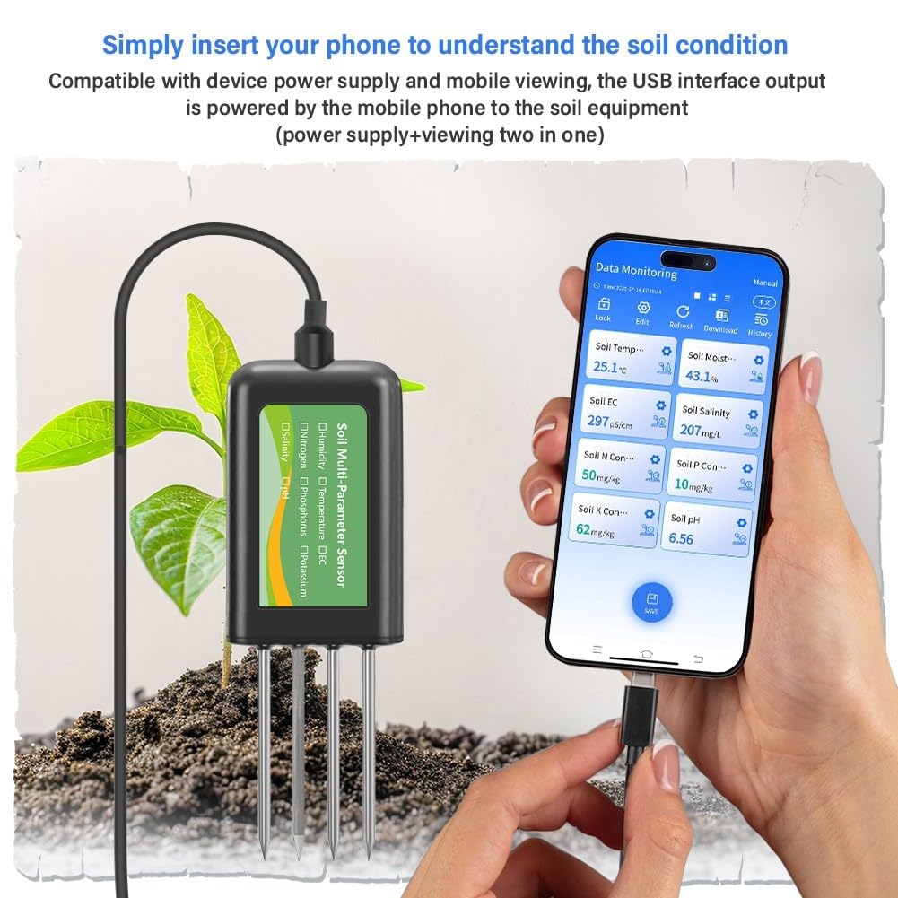 Sensore di suolo USB con test di umidità, pH, temperatura, conducibilità, salinità, NPK per Android e dispositivi Hongmeng