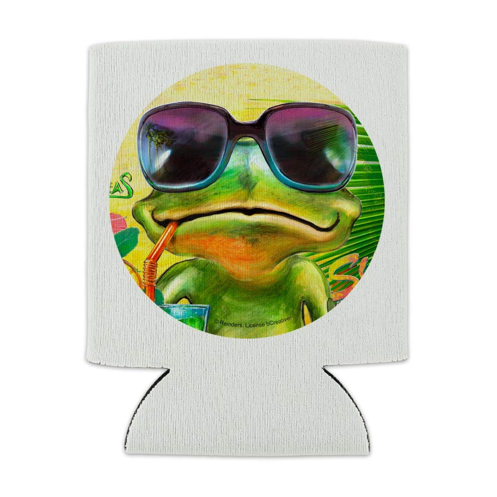 Summertime Vacation Frog Can Cooler - Drink Sleeve Hugger Collapsible Insulator - Beverage Insulated Holder