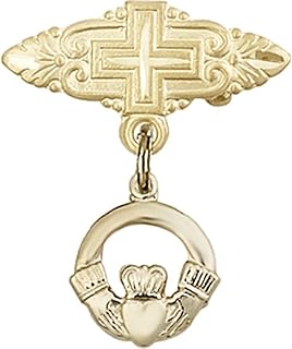 14kt Yellow Gold Baby Badge with Claddagh Charm and Badge Pin with Cross 7/8 X 3/4 inches