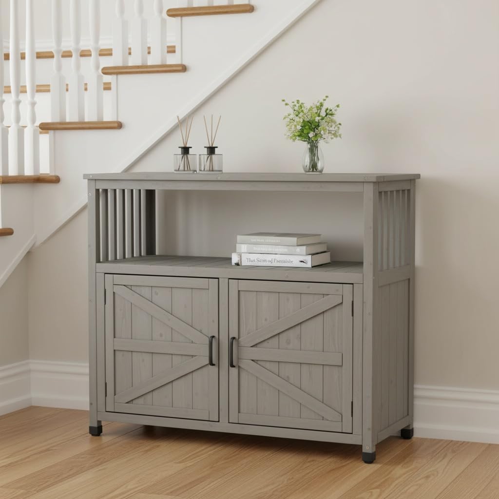 Outdoor Storage Cabinet,Garden Solid Wood Potting Bench Table for Storage & Plants, Indoor Buffet Cabinet, TV Stand, Bar Table, Potting Table (Grey)