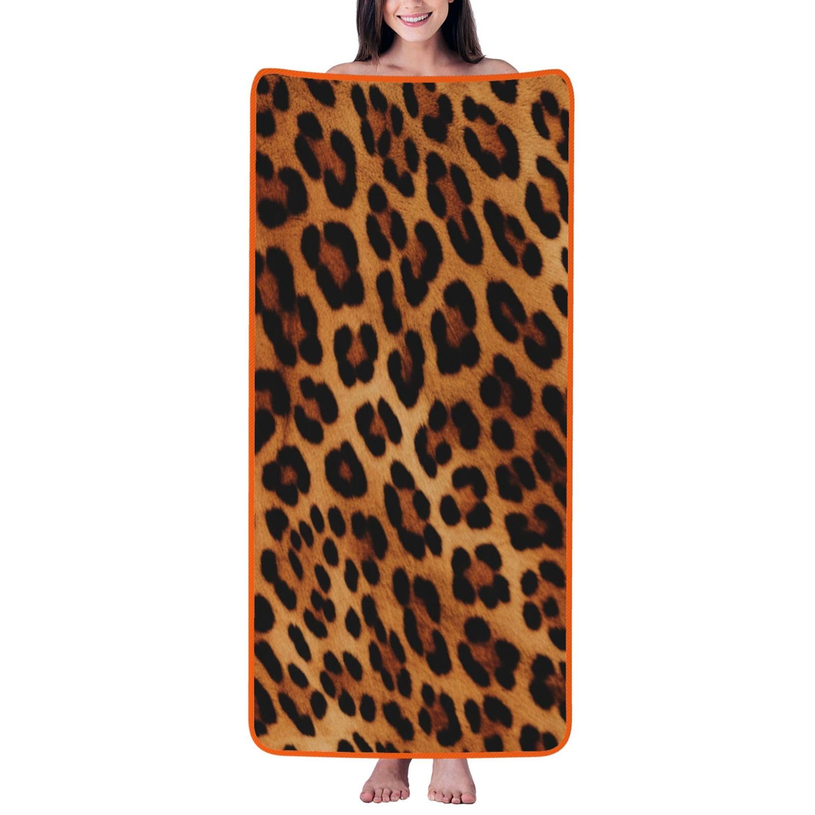 WPKJU Leopard Print Printed Bath Towel with Orange Edging - 27x55 in Soft Extra Absorbent Coral Velvet Shower Towels for Bathroom