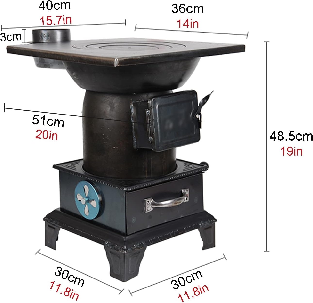 Cast Iron Wood stove, Durable Wood Burning Camping Stove, Coal firewood heating stove, for Winter Home Heating, Cooking Multifunctional, Supports multiple fuels ( Size : 40x36x48.5cm/15.7x14x19in )