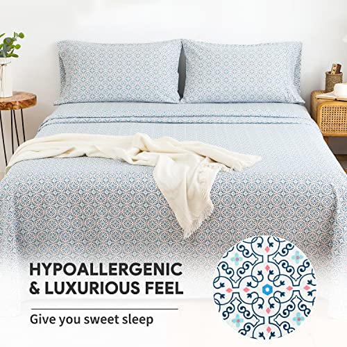 Jooki Blue Floral Printed Bed Sheets Set Soft Microfiber King Size Bed Sheets Breathable Fitted Sheet With 16” Deep Pocket, Wrinkle Free Machine Washable Cooling Sheets Set 4 Pieces #TOP1