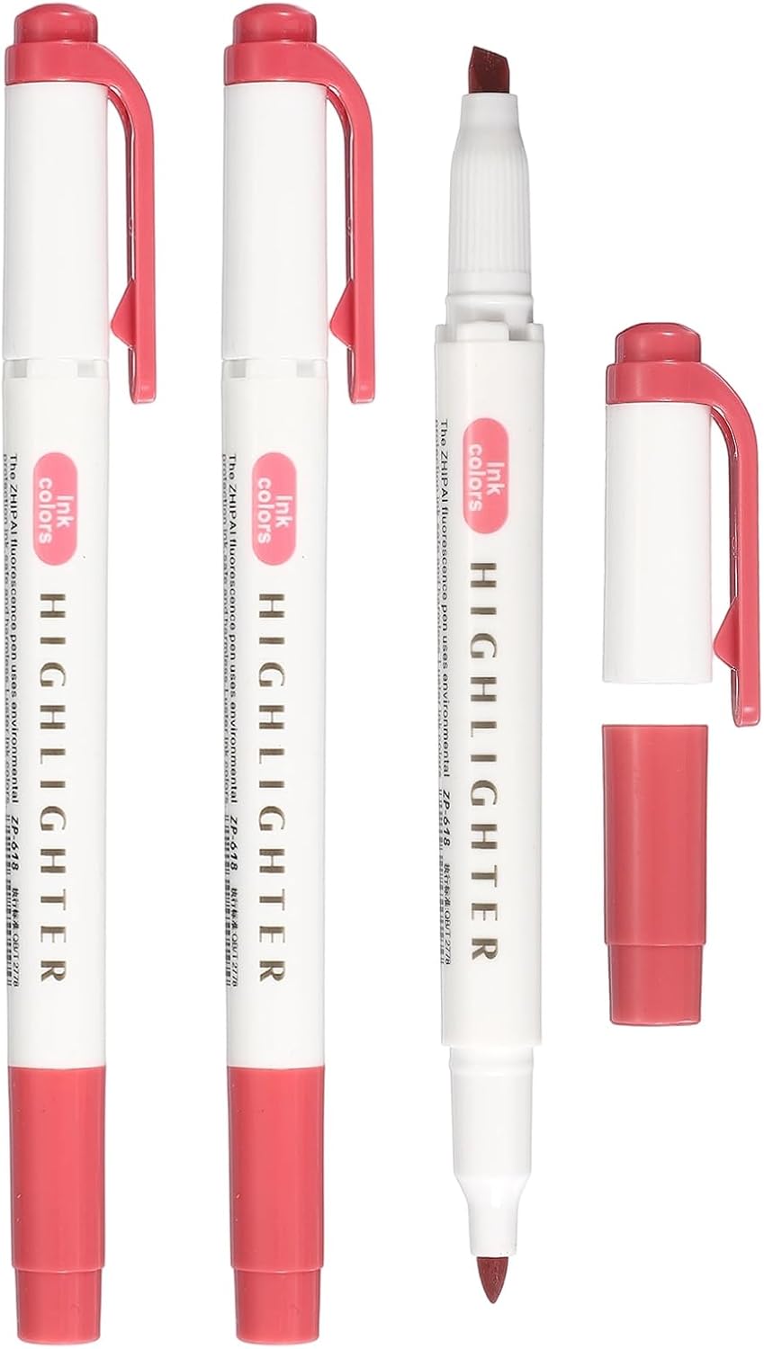 PATIKIL Highlighter Pen, 3 Pack Double Ended Highlighter Broad and Round Tips Marker Pens Studying Supplies for Office Home Daily Use, Red