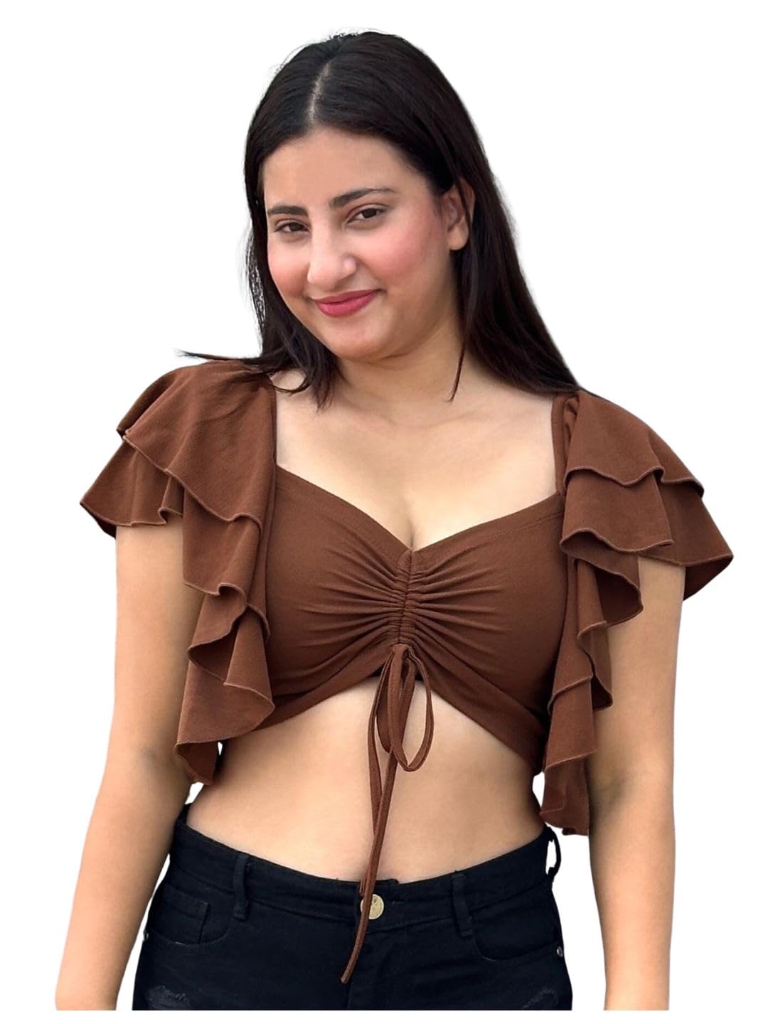 Tandul Women's Solid Brown Cottan Blend Top with Standard Length Flared Sleeves Regular Fit Sweetheart Neck (11189)-picture-13