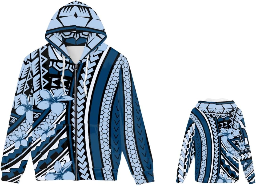 GLUDEAR Mens Plus Size Polynesian Traditional Tribal Print Zipper Hoodie Long Sleeves Sweatshirt Hoodies